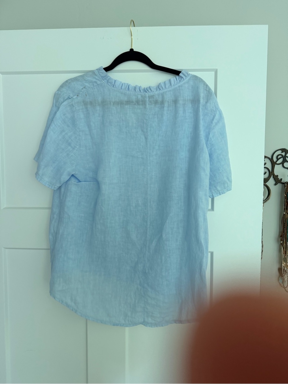 Light Blue Ruffle V-Neck Linen Top - Picture 2 of 5